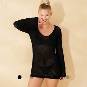 Shade & Shore Knit Long Sleeve Mini Cover Up Dress • Black